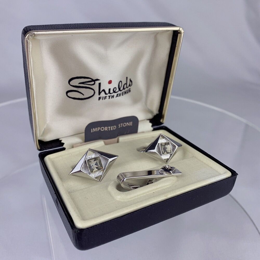 NOS Grey Rhinestone Diamond Silver Tone Cufflinks Tie Pin Shields Vintage O1